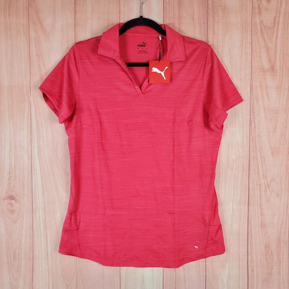 PUMA Cloudspun Mens Polo Shirt Large Red Polyester‎ V-Neck Short Sleeve Pullover